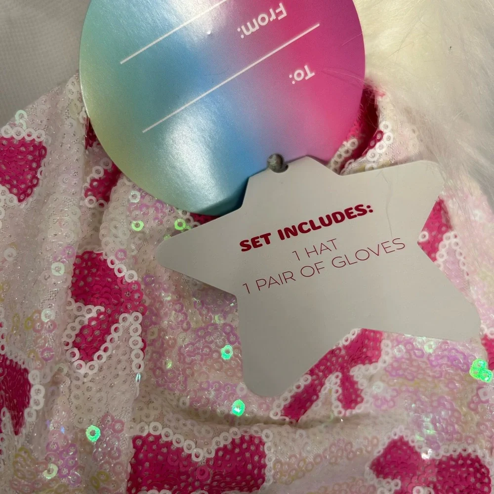 Justice Sequin Kid’s Hat Gloves Set White and Pink‎ Bow